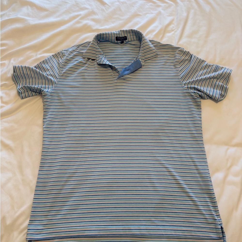 Peter Millar Light Blue Striped Polo Steamsong Black Logo
